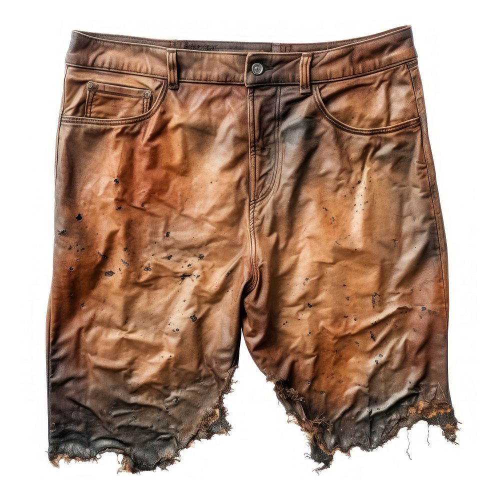 Pants with burnt shorts white background coathanger.