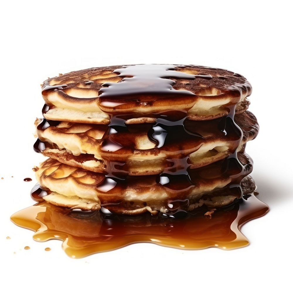 Pancake stack with burnt food white background chocolate.