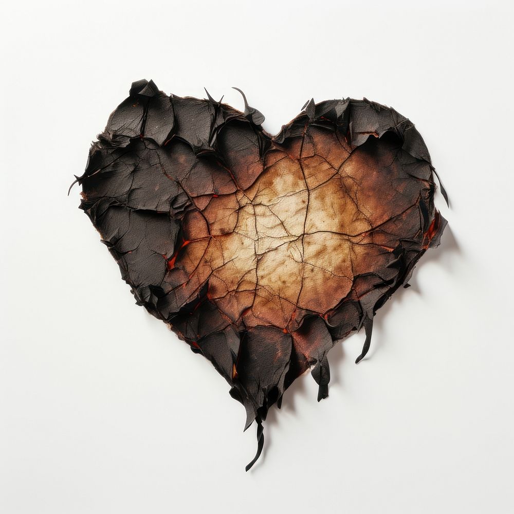 Paper heart with burnt white background destruction misfortune.