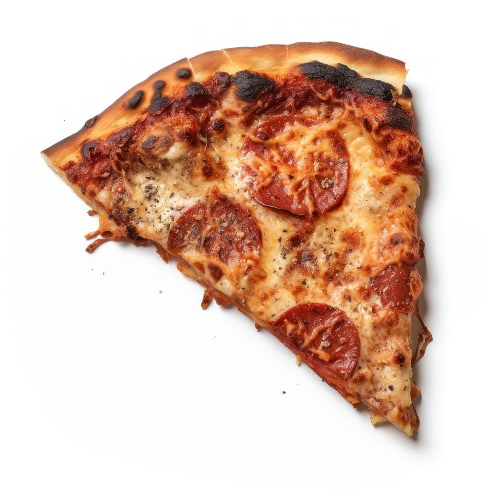 Pizza with hard burnt food meat white background.
