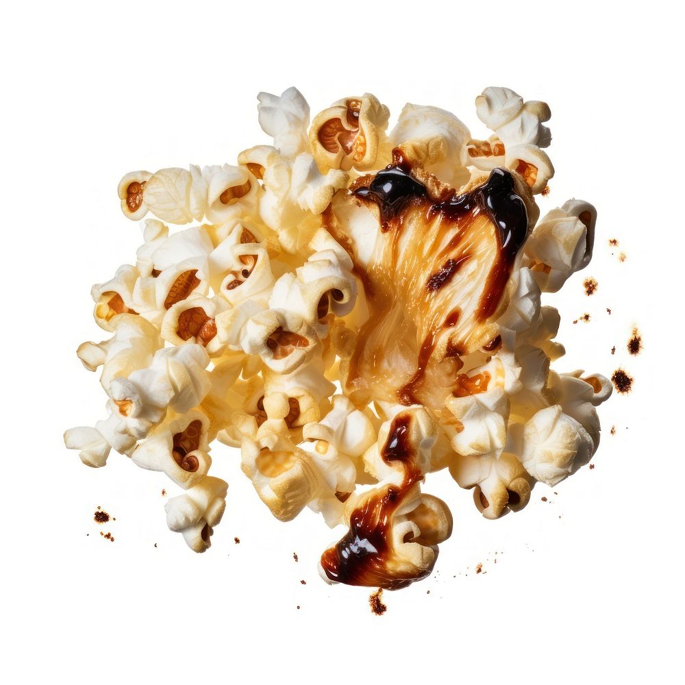 Popcorn with burnt dessert food white background.