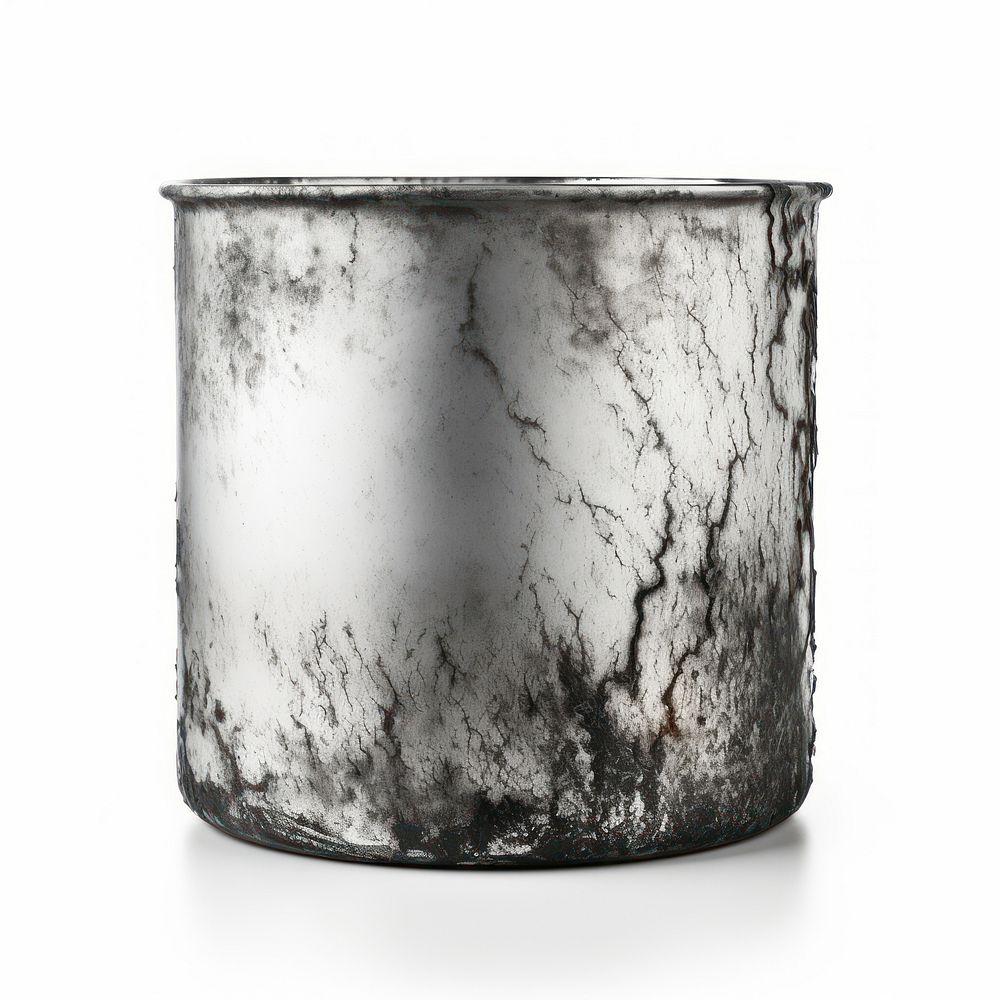Stainless pot with burnt white background membranophone monochrome.