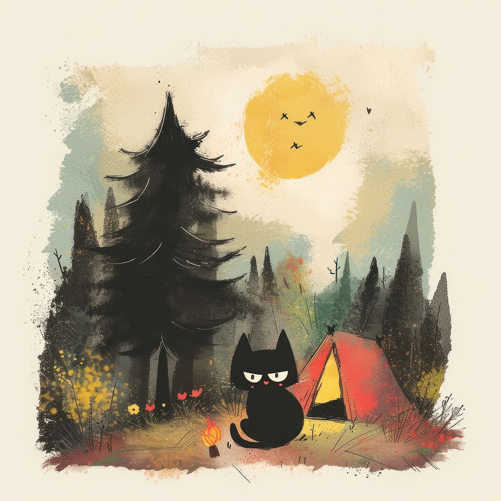 A black cat painting outdoors camping.