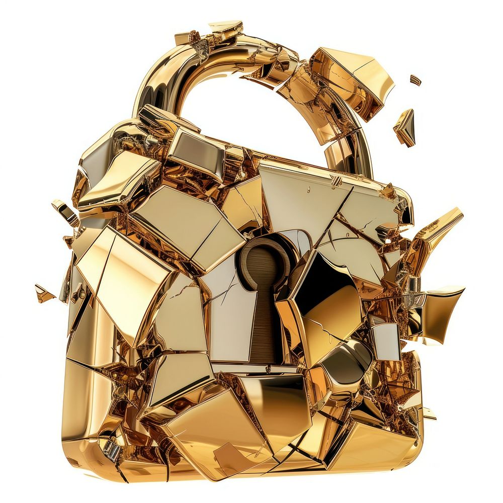 Shattered lock handbag gold white background.