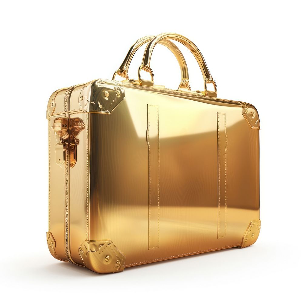 Briefcase handbag gold white background.
