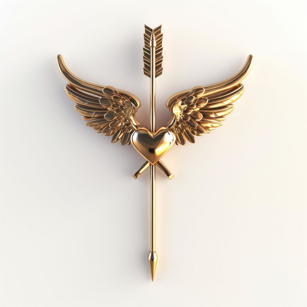Golden cupid arrow jewelry symbol white background.