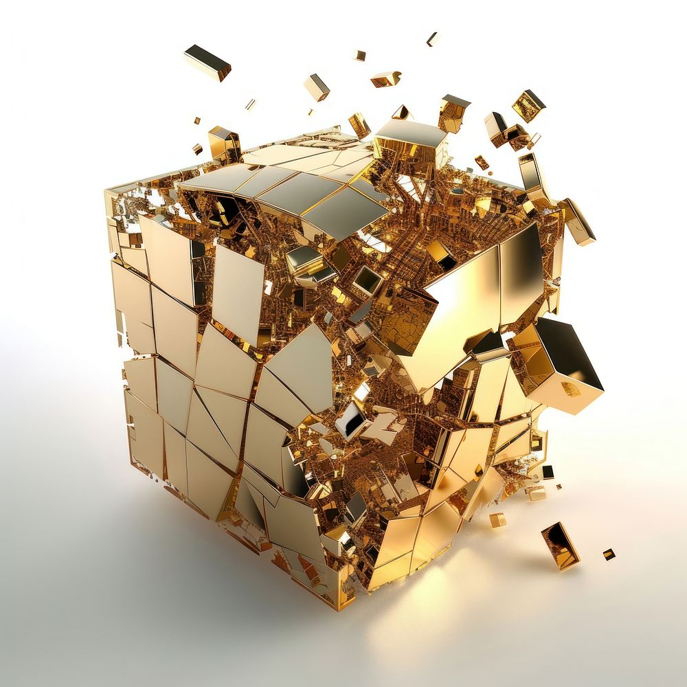 A shattered cube gold white background destruction.