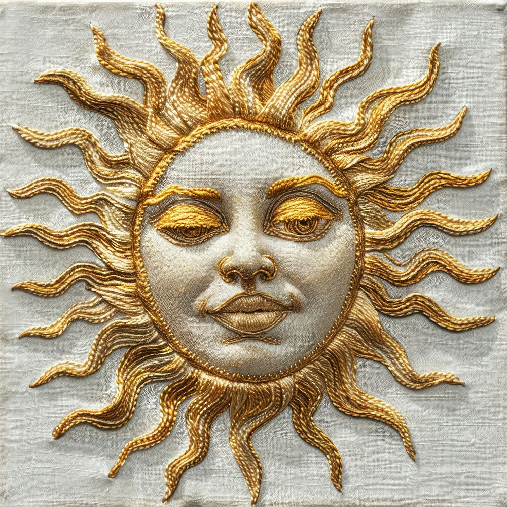 Celestial Golden sun face gold embroidery pattern.