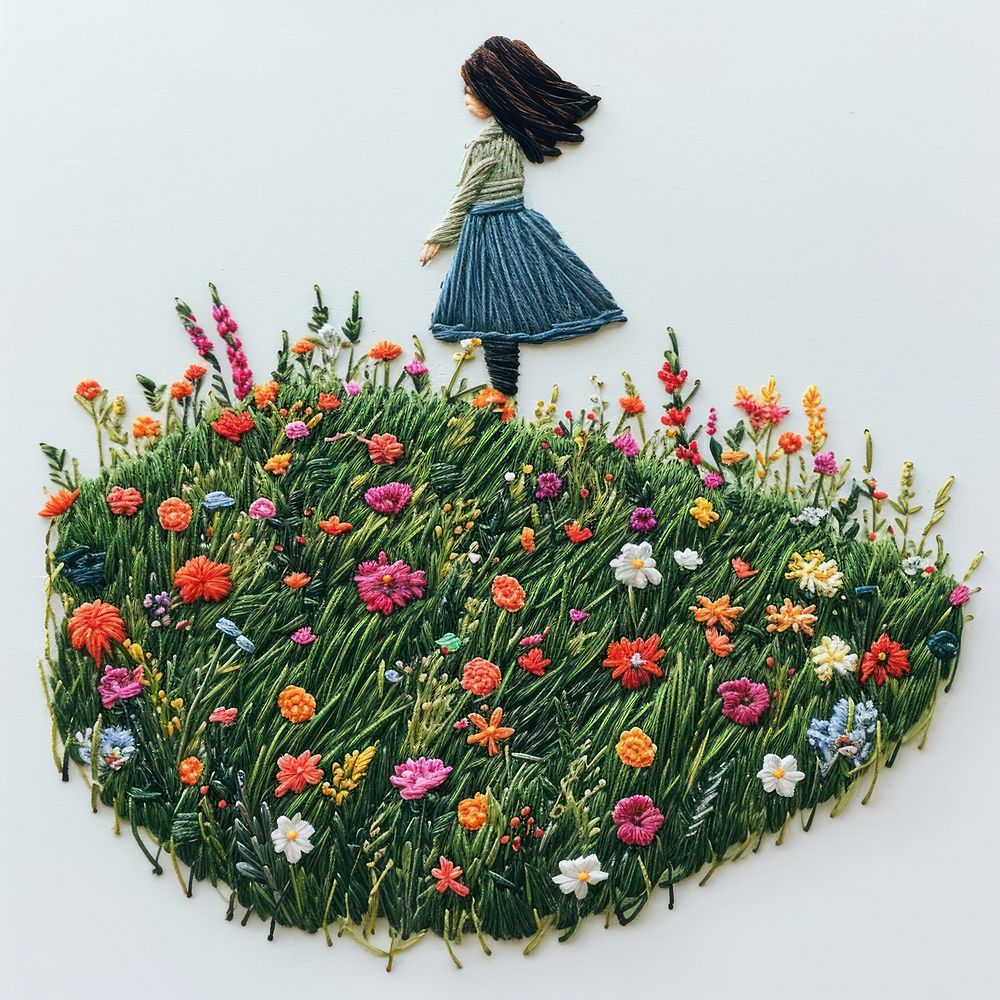 A girl embroidery flower grass.