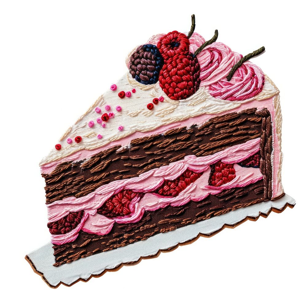 A piece of cake raspberry dessert fruit.