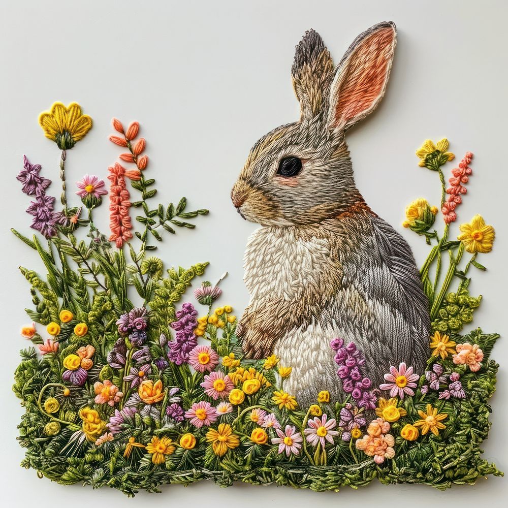A rabbit on a grassy flowers hill embroidery rodent animal.
