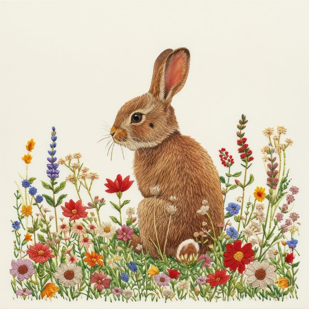 A rabbit on a grassy flowers hill rodent animal mammal.