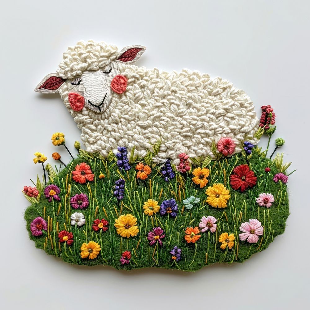 A sheep on a grassy flowers hill embroidery livestock animal.