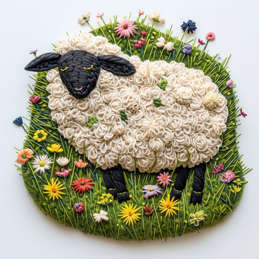 A sheep on a grassy flowers hill embroidery food art.