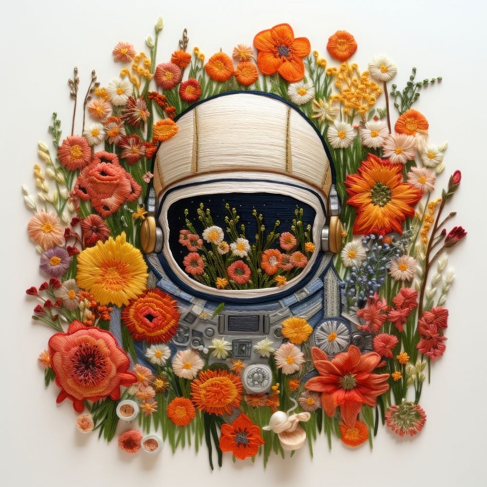 An astronaut helmet flower plant art.