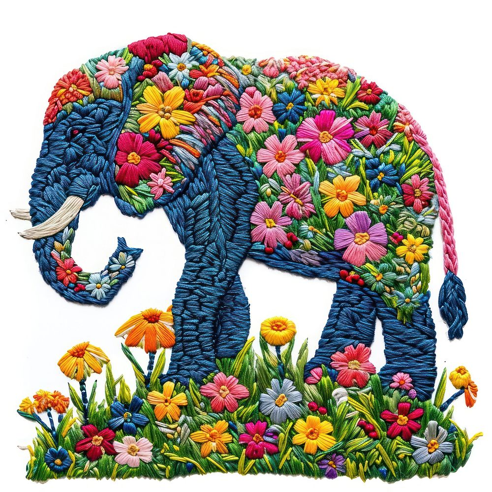 An Elephant on a grassy flowers hill elephant embroidery pattern.