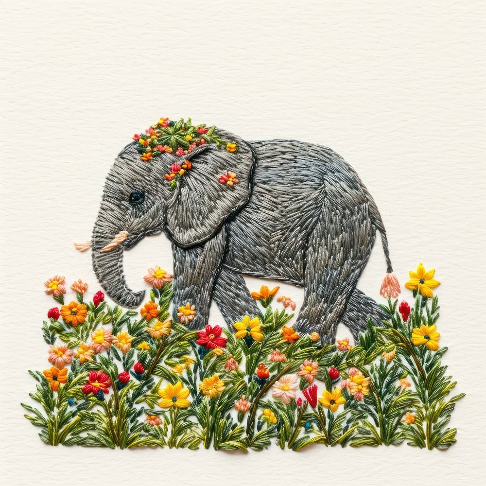 An Elephant on a grassy flowers hill elephant embroidery wildlife.