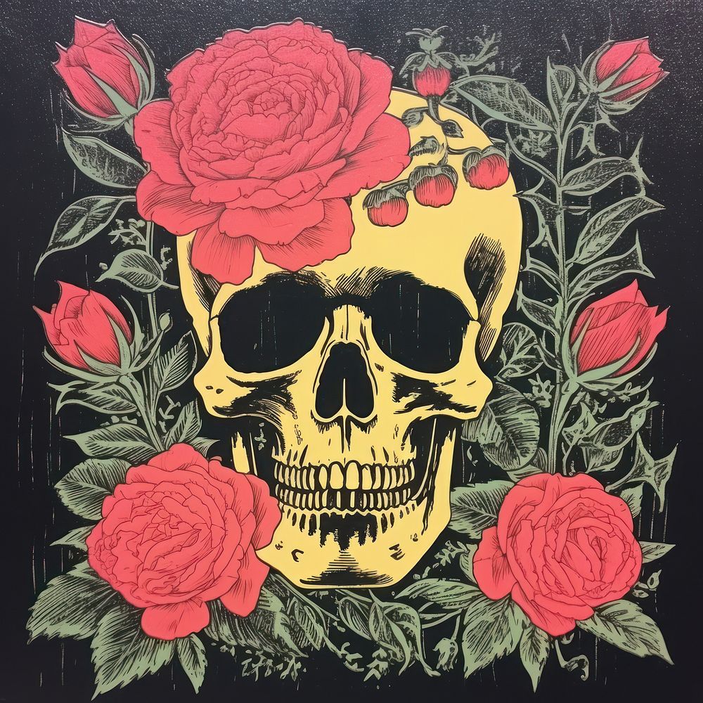 Skull adorn with roses pattern painting flower.