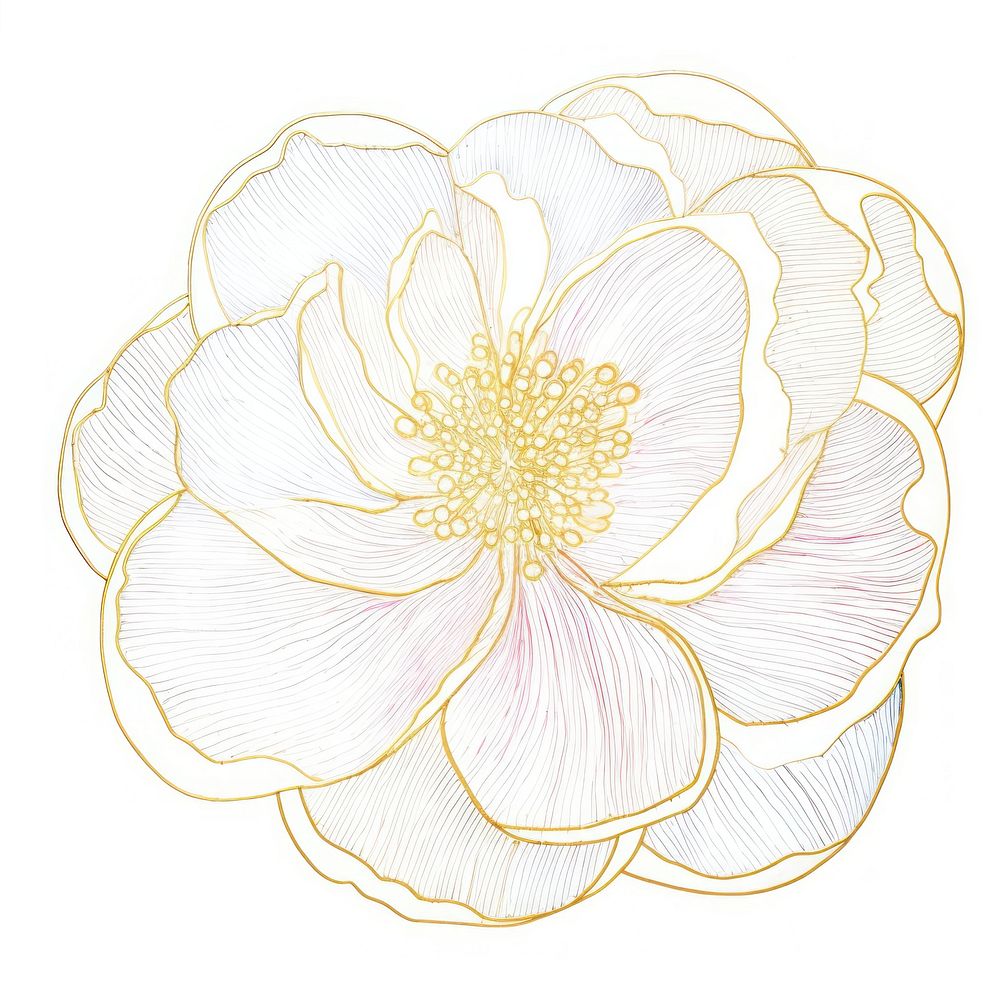 Watercolor flower with gold glitter outline sketch line stroke pattern drawing plant.