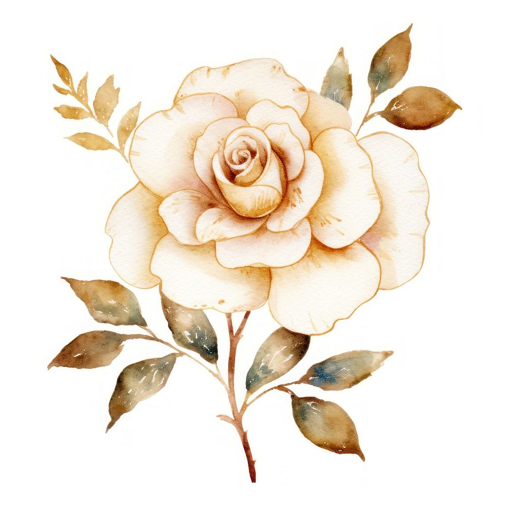 Watercolor flower with gold glitter outline sketch line stroke pattern plant rose.