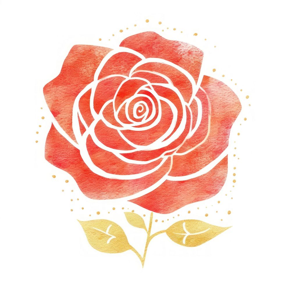 Watercolor red rose with thin gold glitter sketch line stroke flower plant art.