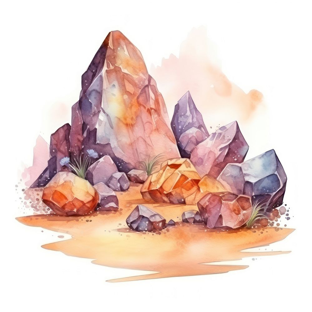 Desert in Watercolor style amethyst mineral white background.