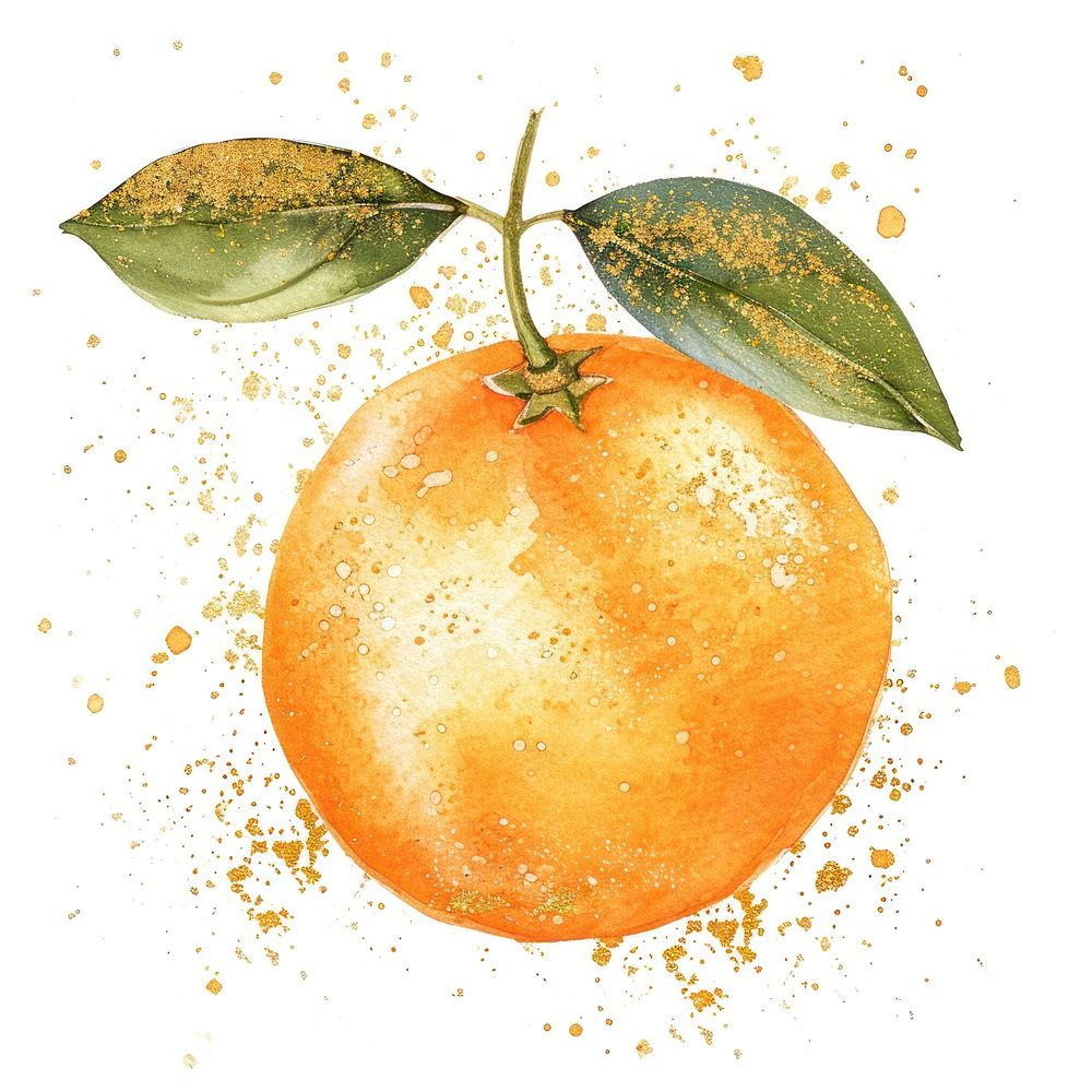 Gold glitter outline stroke orange fruit with orange watercolor grapefruit plant food.