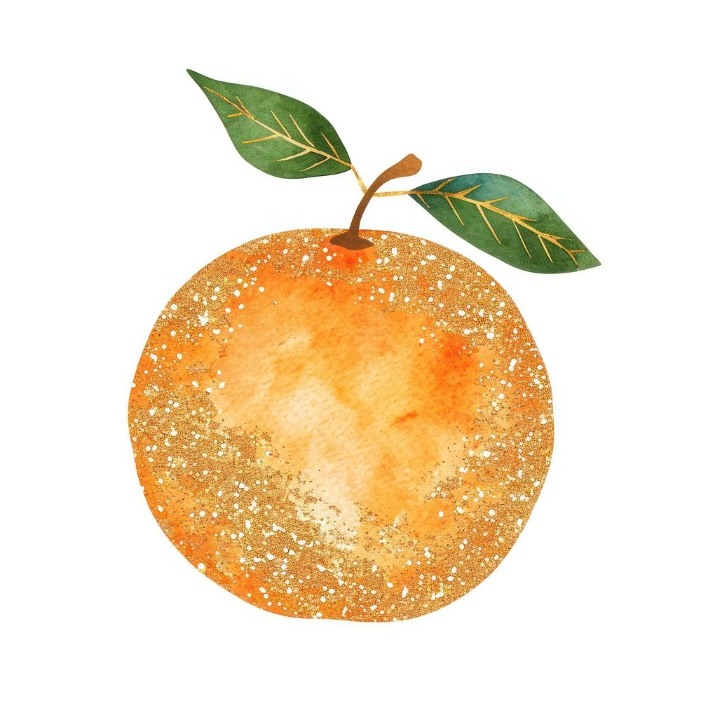 Gold glitter outline stroke orange fruit with orange watercolor plant food leaf.