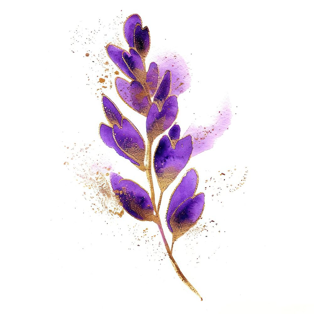 Golden glitter outline stroke with purple watercolor lavender plant petal freshness.