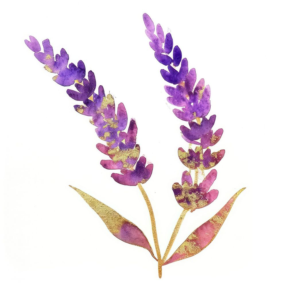 Golden glitter outline stroke with purple watercolor lavender flower plant petal.