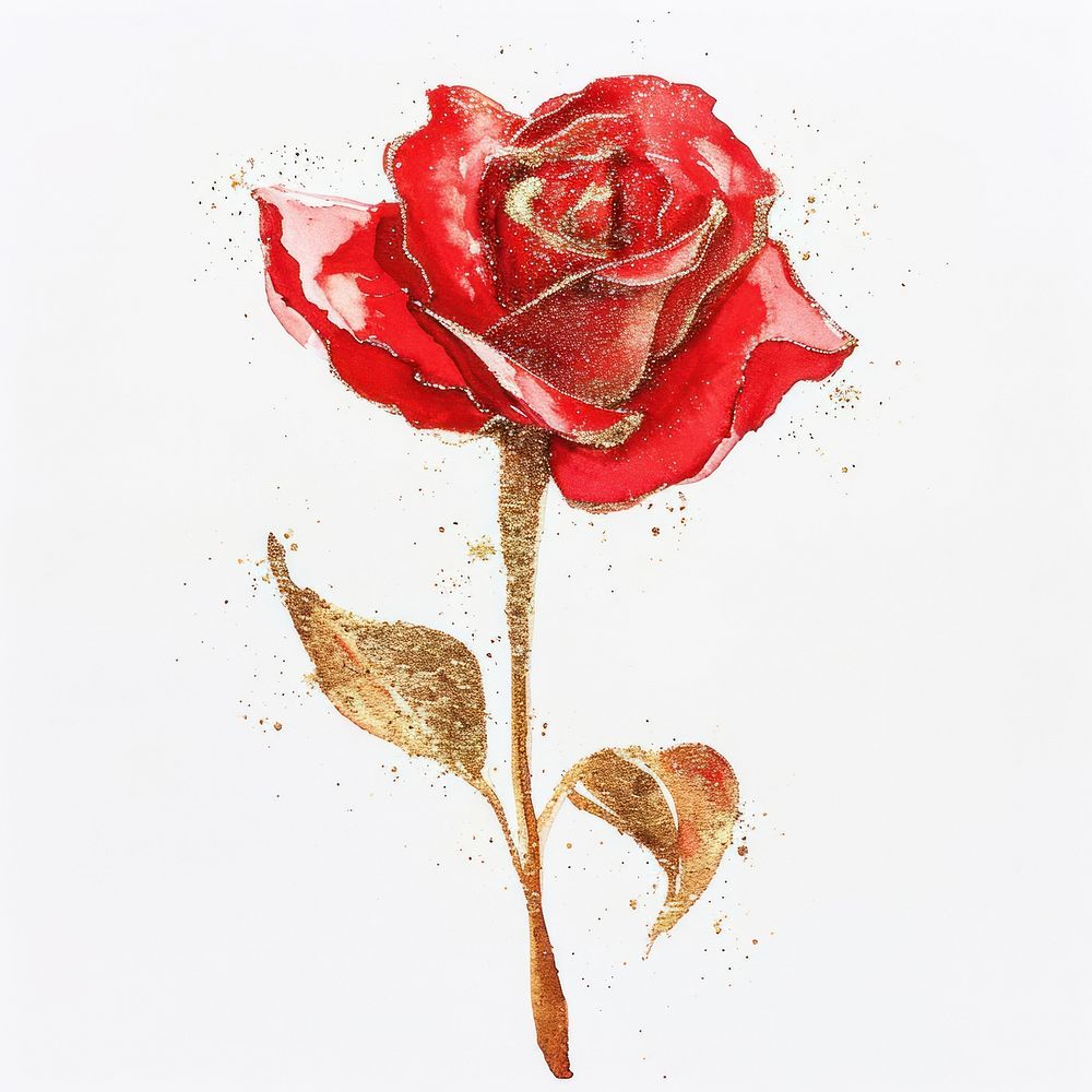 Golden glitter outline stroke with red watercolor rose flower petal plant.