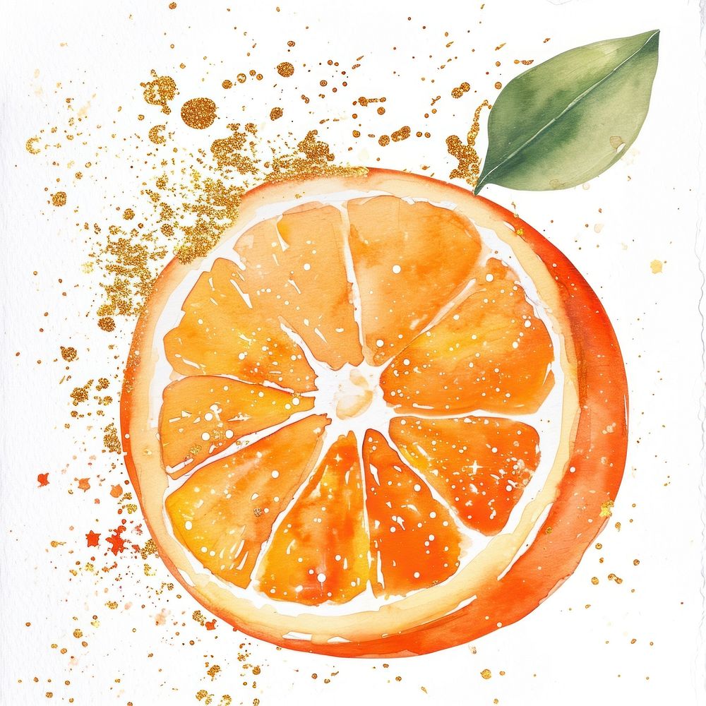 Orange watercolor with gold glitter outline stroke orange fruit grapefruit plant food.