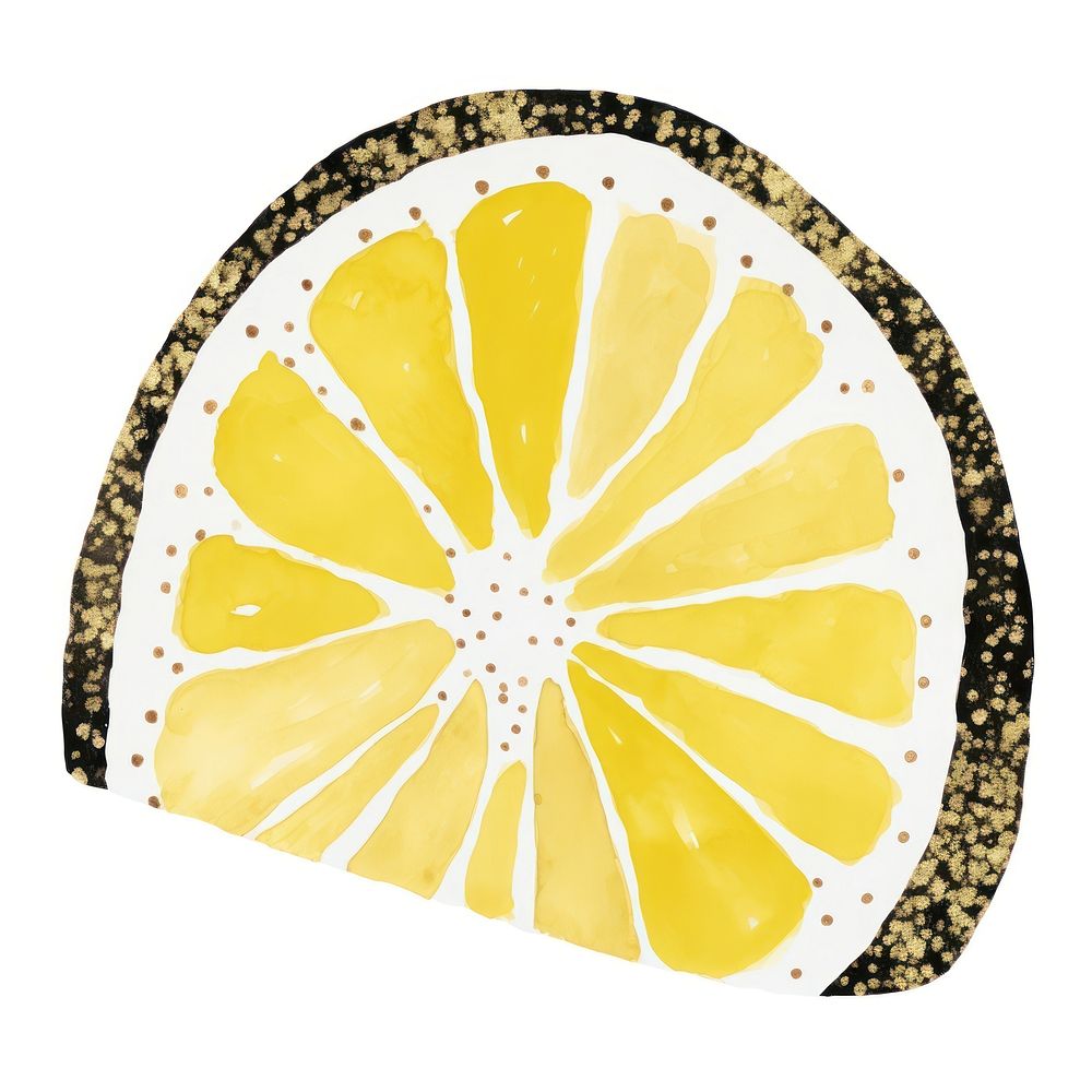 Gold lemon half slice shape ripped paper fruit food white background.