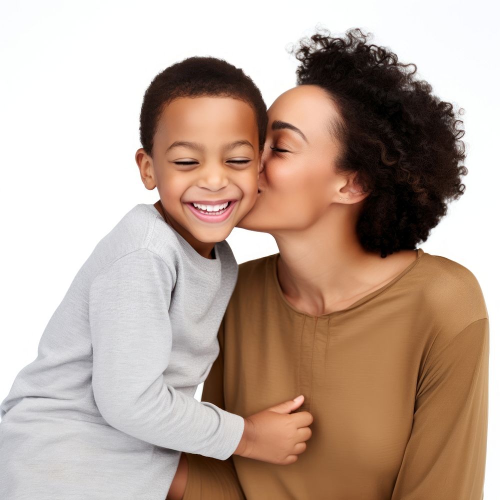 Mom kissing and hugging funny black son face photography portrait child.