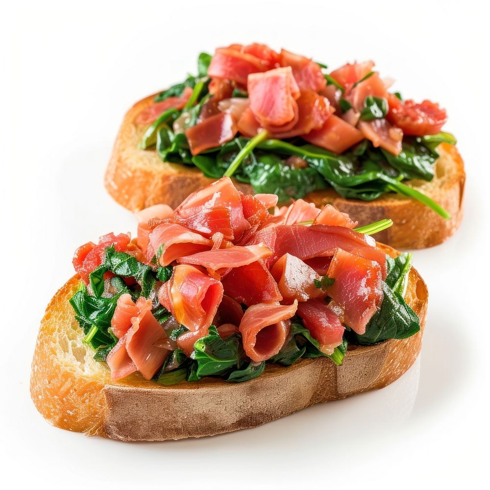 Tasty jamon bruschetta with spinach vegetable bread food.