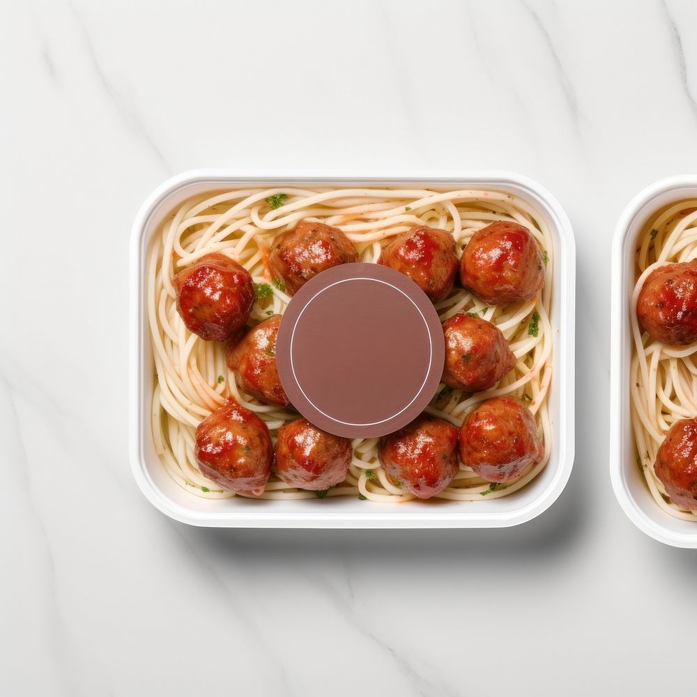 Takeaway food container box  with Spaghetti And Meatballs and blank label  packaging spaghetti meatball pasta.