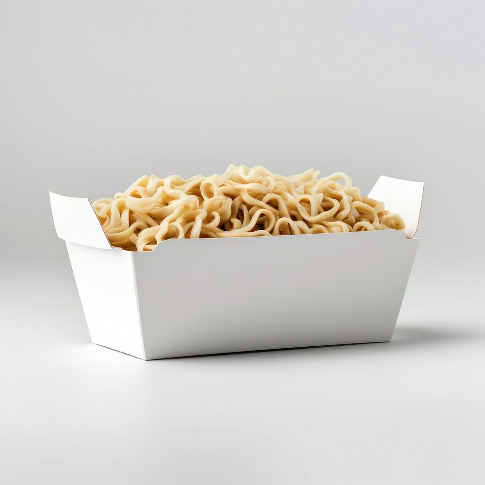 Takeaway food container box  with noodle blank label  packaging spaghetti pasta gray background.
