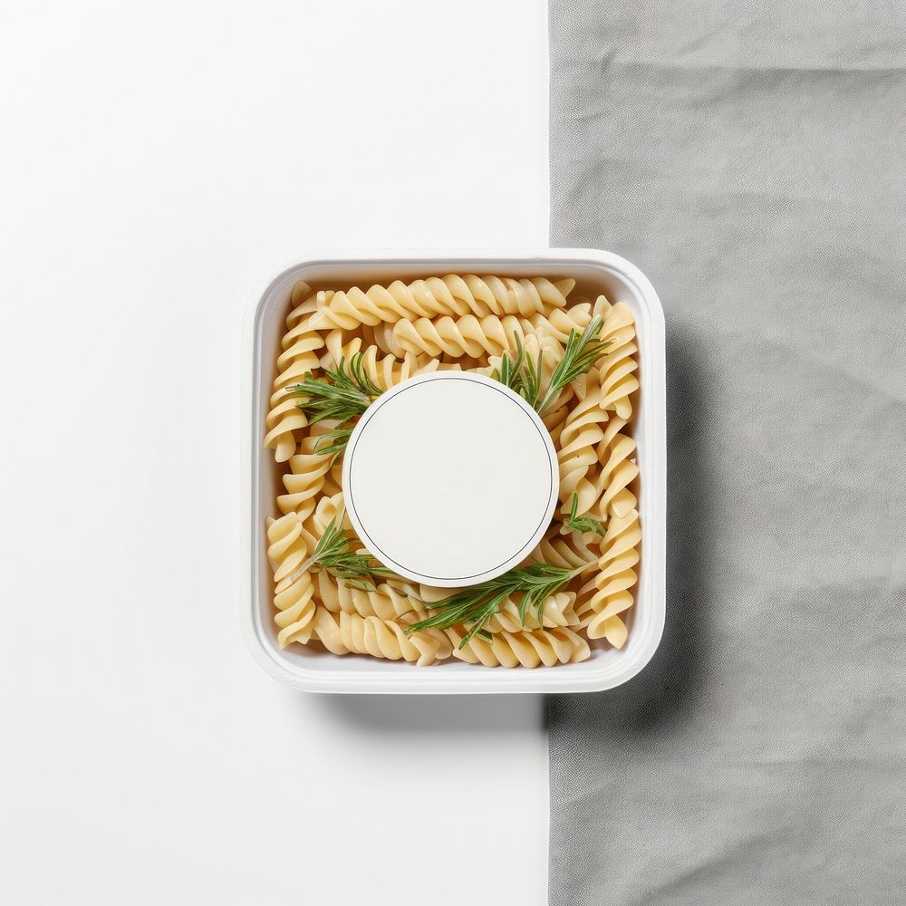 Takeaway food container box  with pasta and blank label  packaging meal dish ingredient.