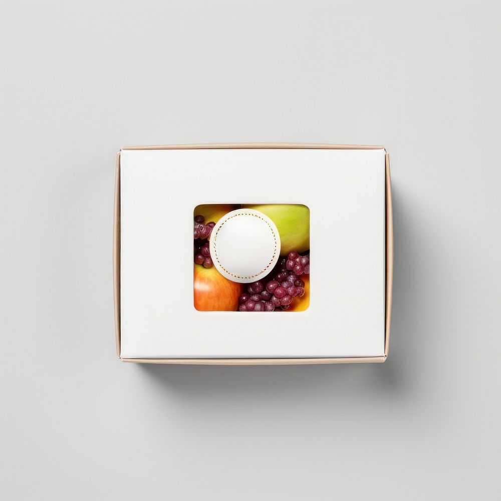 Takeaway food container box  with fruits and blank label  packaging grapes gray background rectangle.