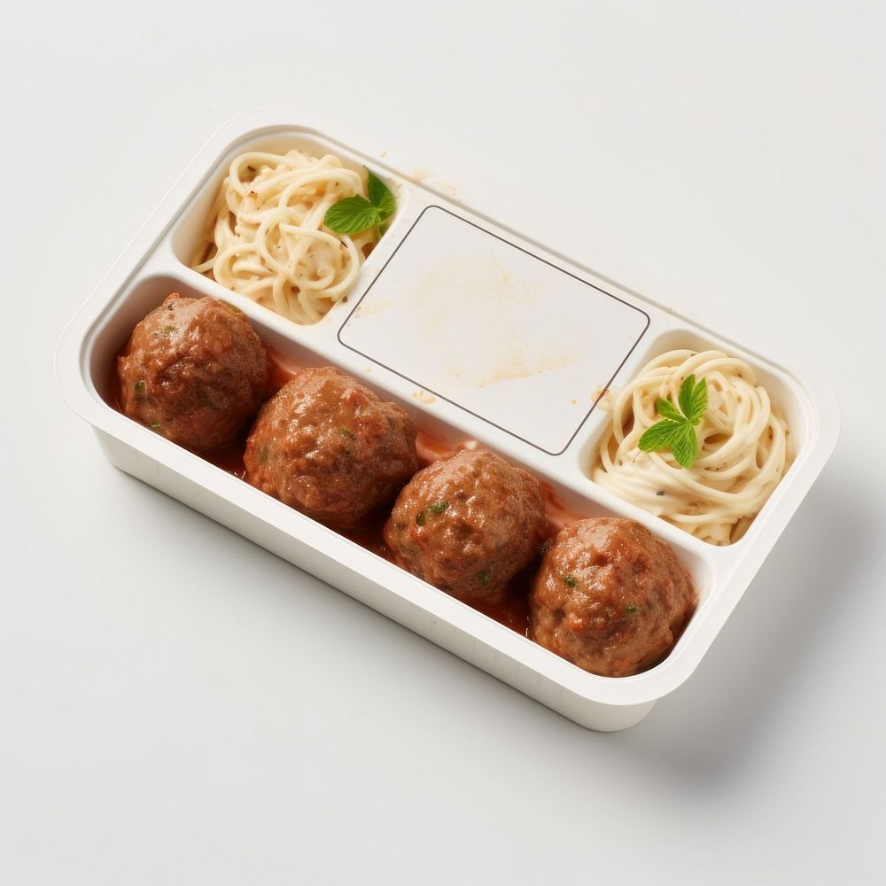 Takeaway food container box  with Spaghetti And Meatballs and blank label  packaging meatball lunch plate.