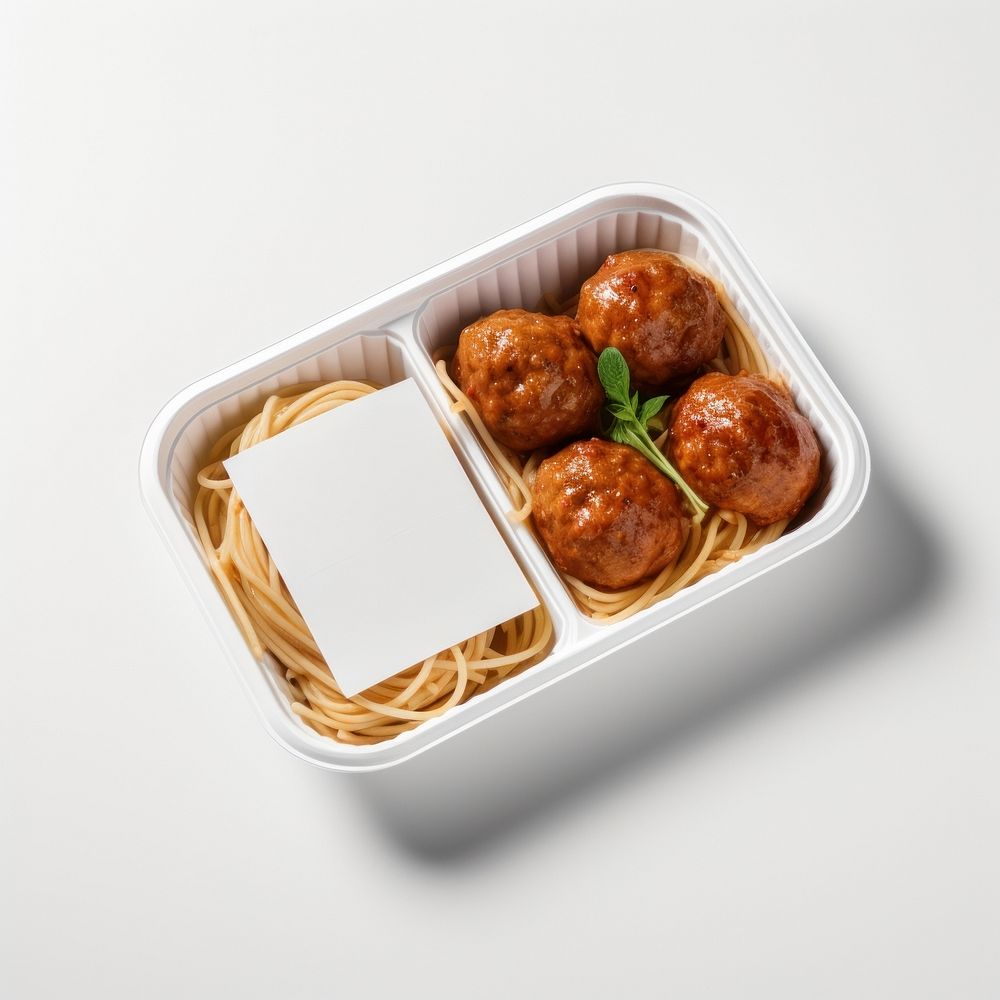 Takeaway food container box  with Spaghetti And Meatballs and blank label  packaging meatball spaghetti lunch.