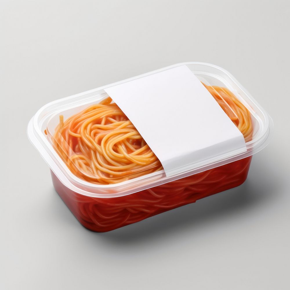 Takeaway food container box  with Spaghetti with sauce and blank label  packaging spaghetti noodle pasta.
