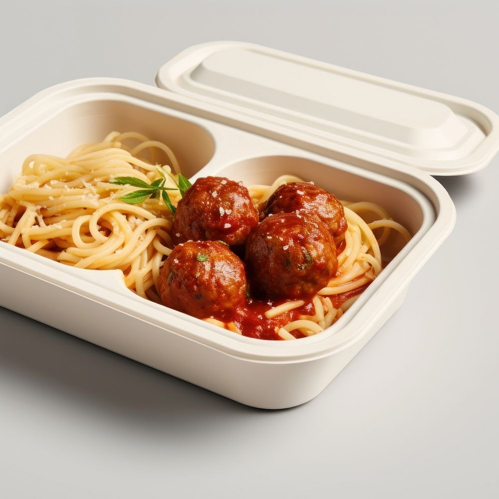 Takeaway food container box  with Spaghetti And Meatballs and blank label  packaging spaghetti meatball pasta.