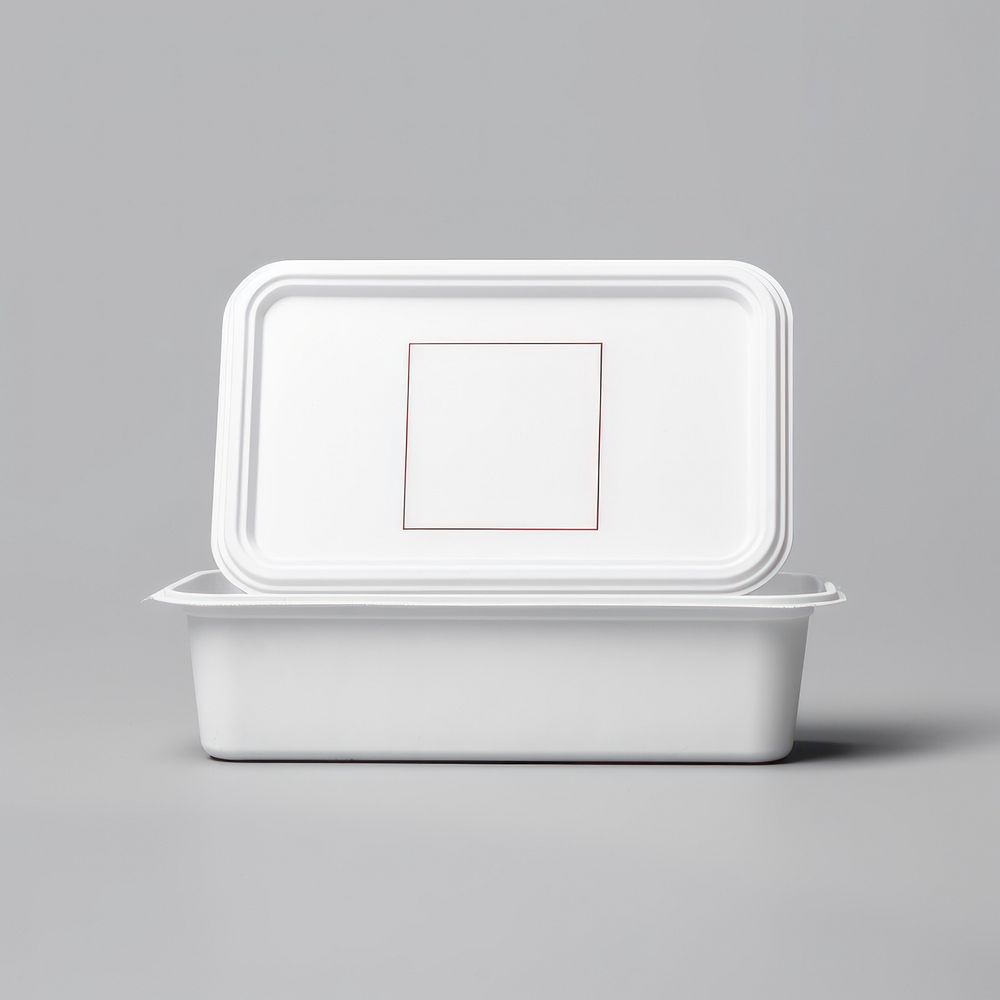 Takeaway food container box  with vegetable and blank label  packaging gray gray background rectangle.