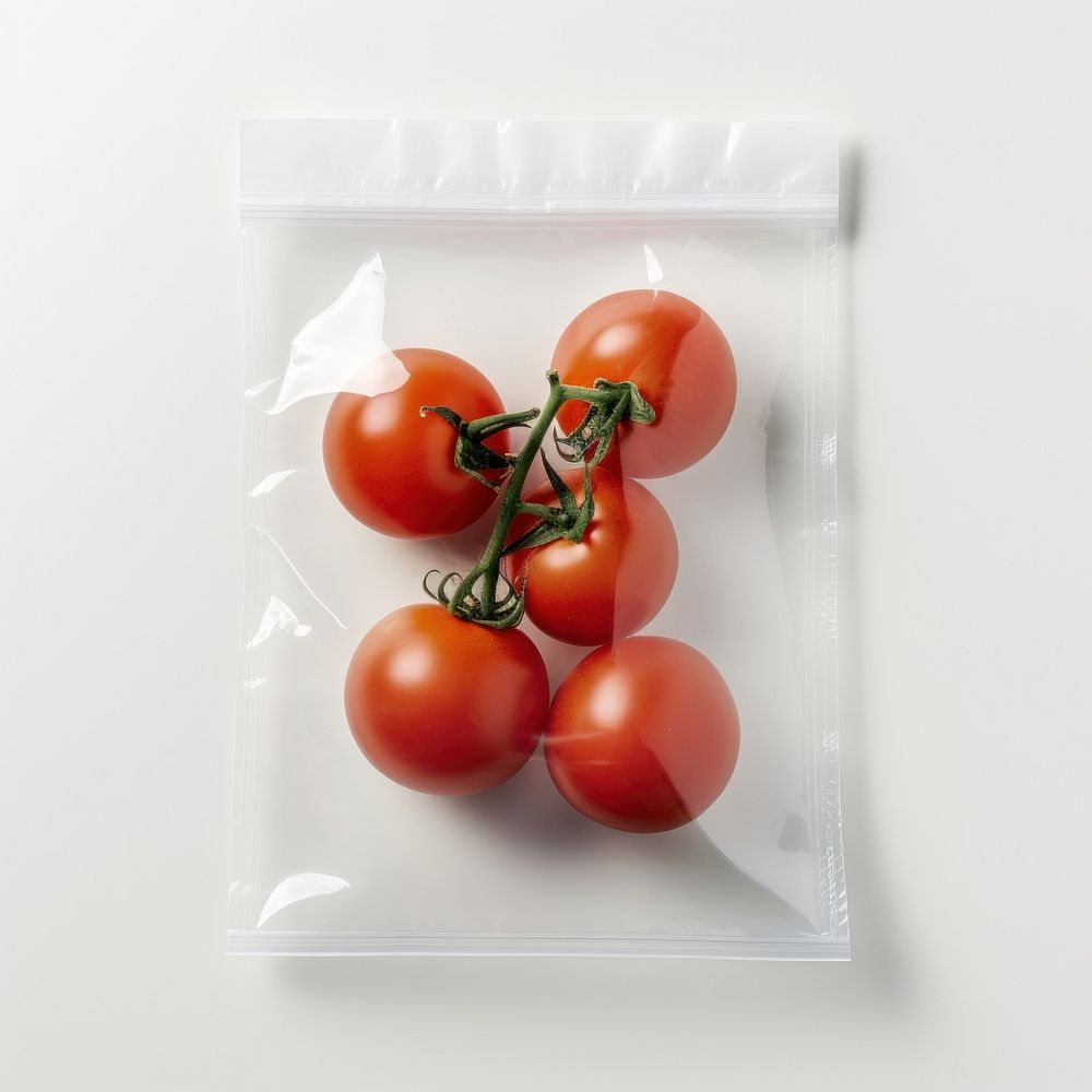 Tomatoes plastic bag with blank label  packaging vegetable plant food.