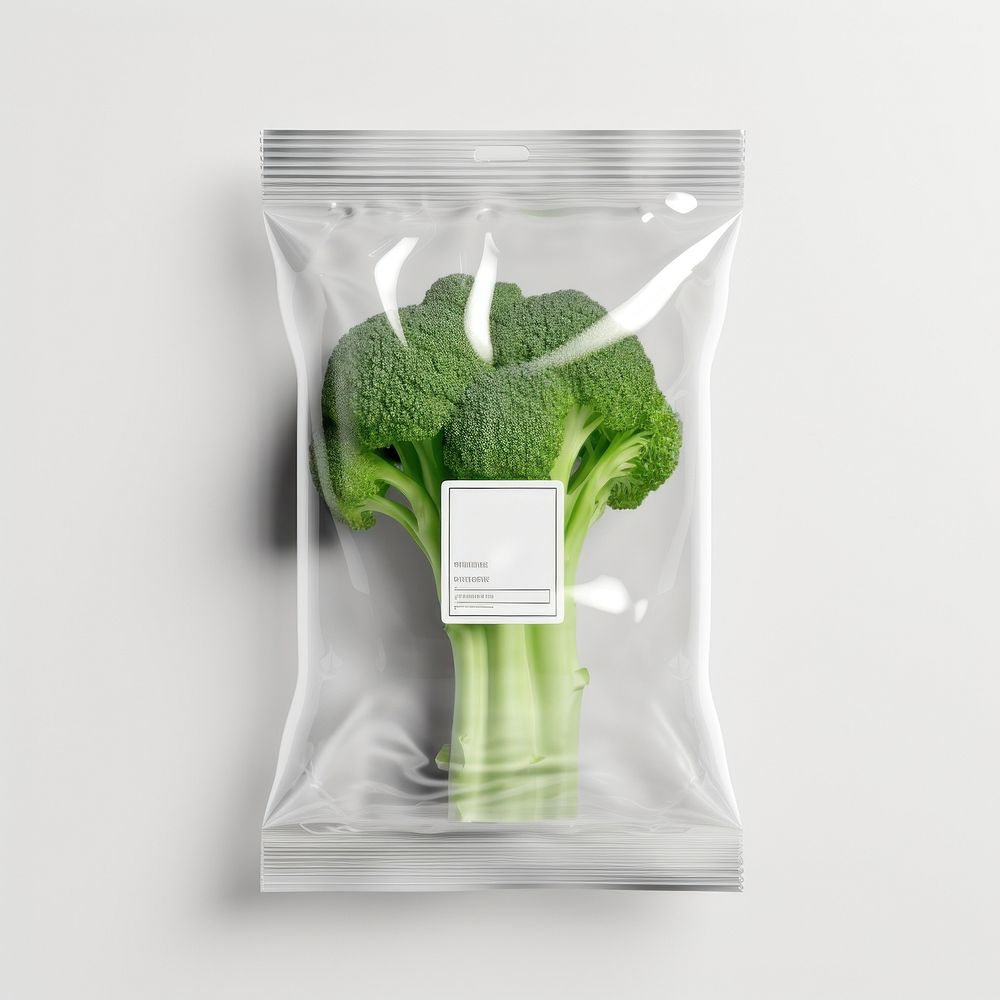 Broccolis plastic bag with blank label  packaging broccoli vegetable plant.