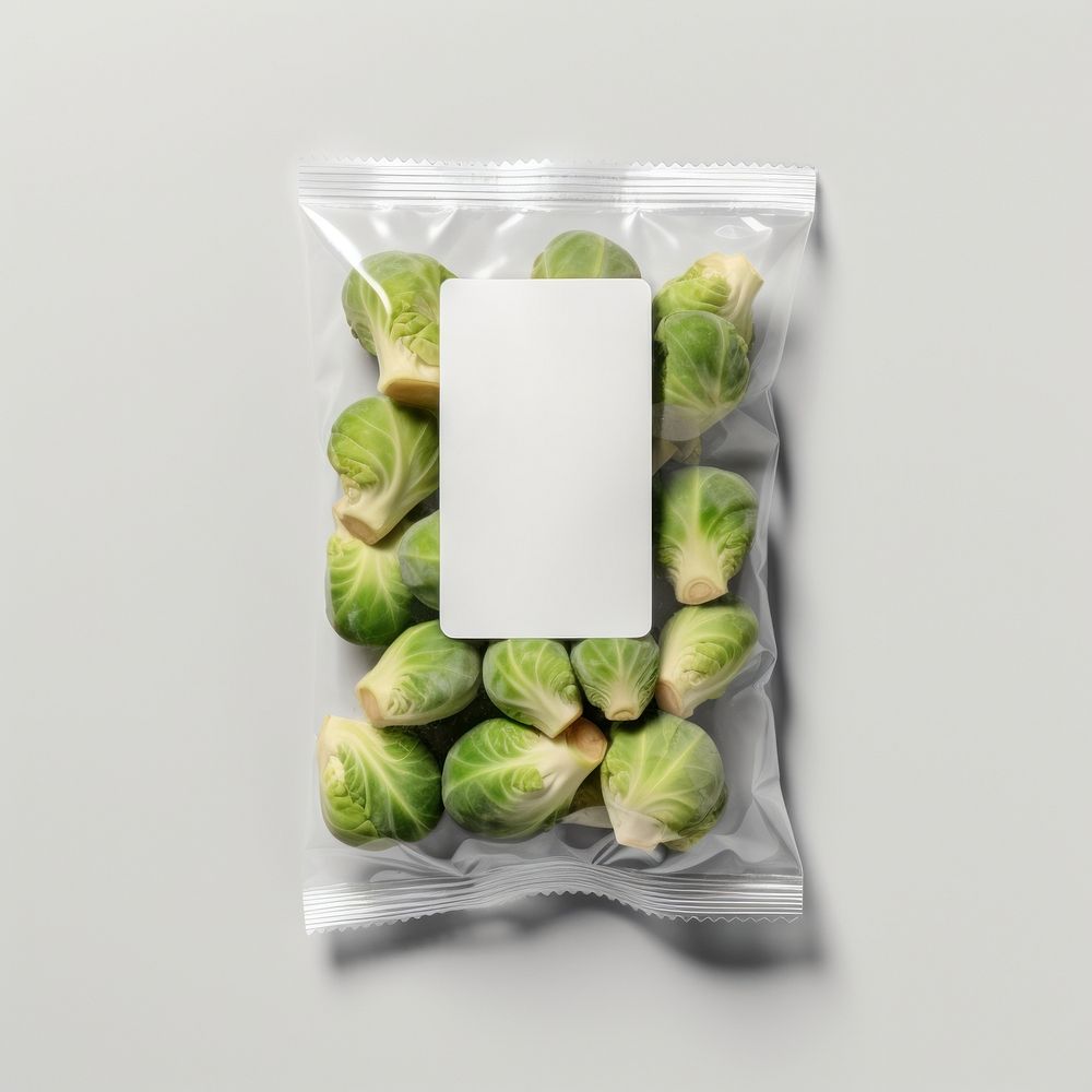 Brussels sprouts plastic bag with blank label  packaging vegetable plant food.