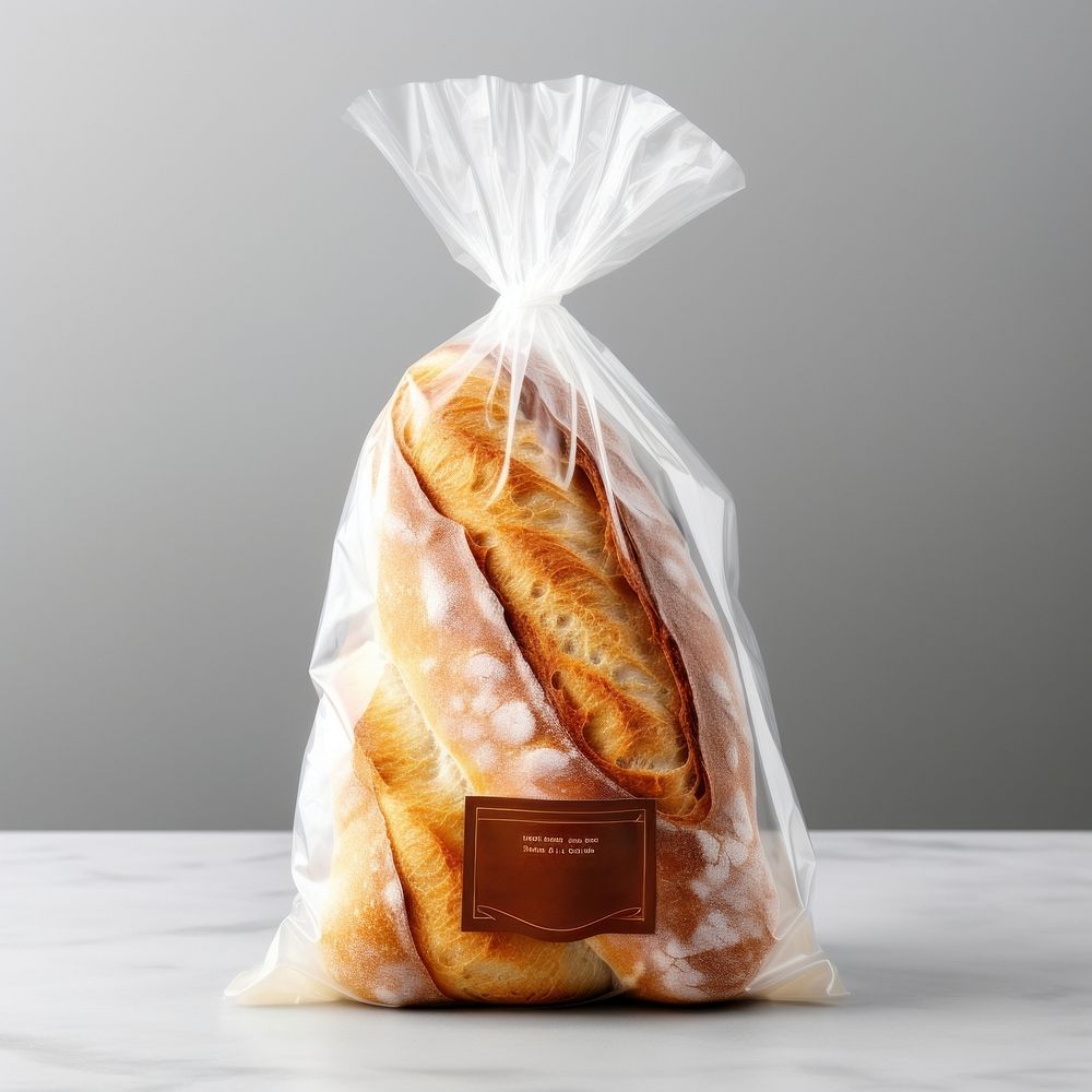 French loaf plastic bag with blank label  packaging baguette bread food.