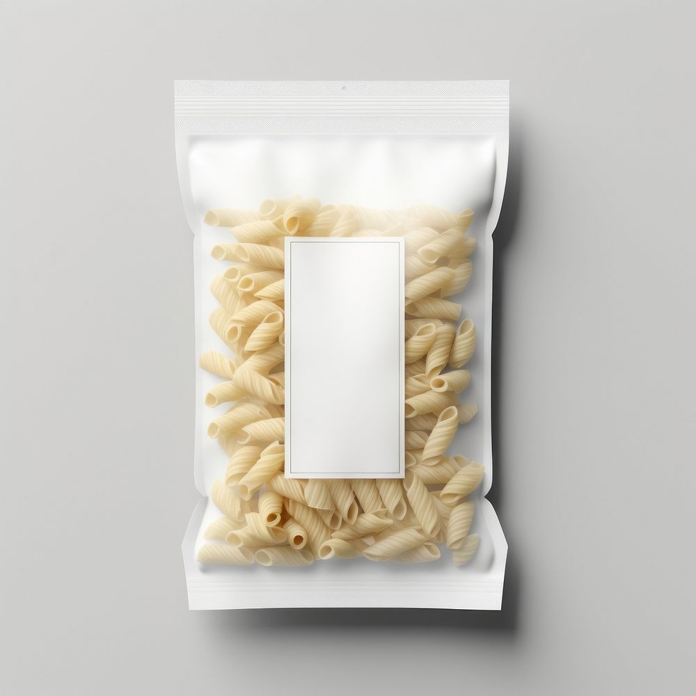 Pasta plastic bag with blank label  packaging food gray background ingredient.