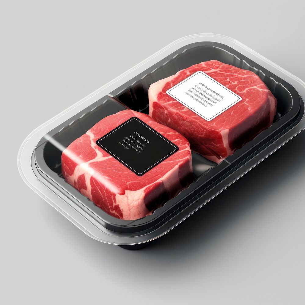Sealable black plastic tray and cover with raw meat schnitzels and blank label  packaging food technology freshness.